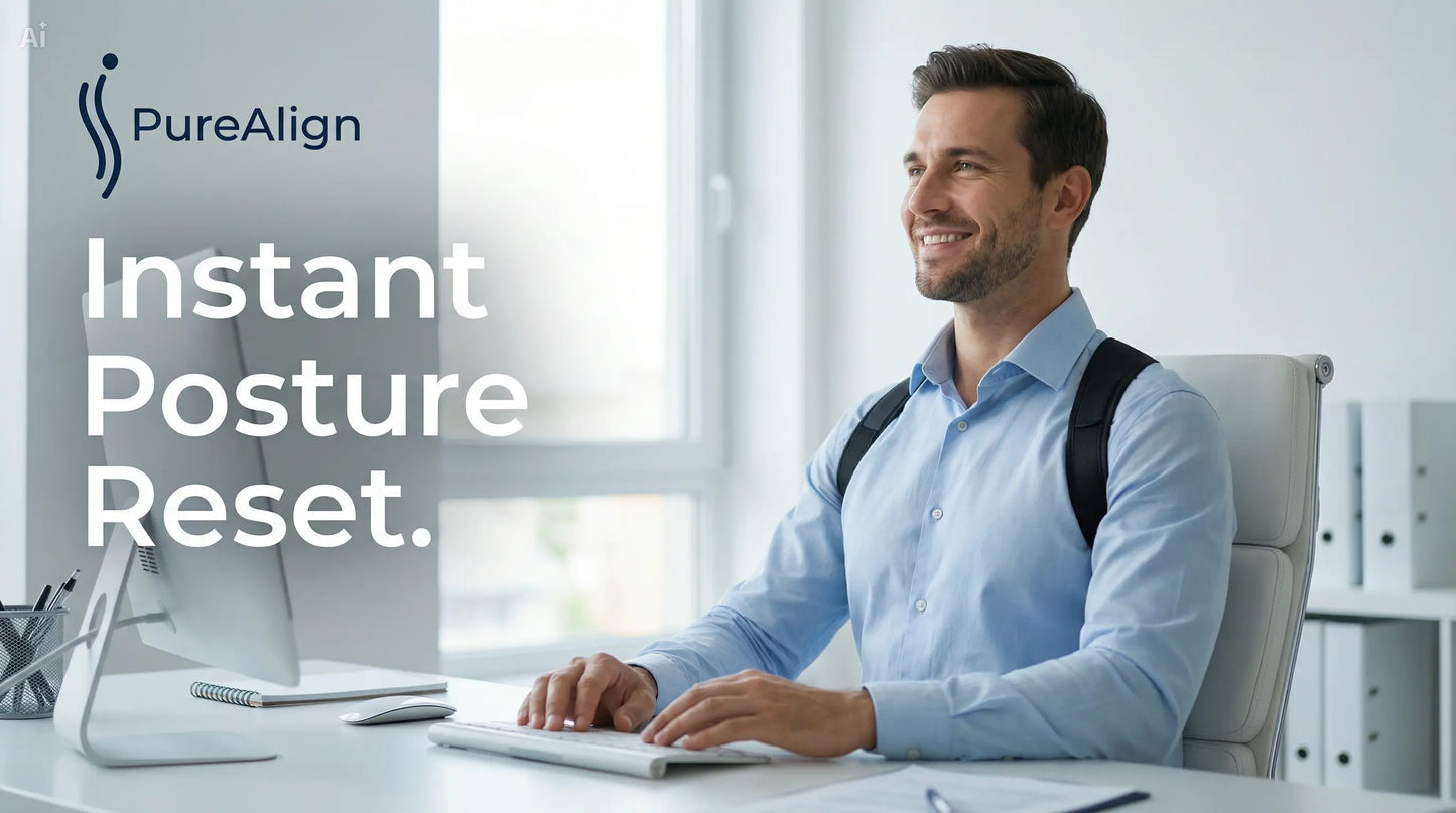 Man sitting at a desk with PureAlign logo and text about instant posture reset.