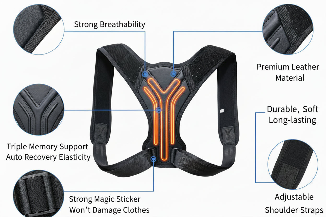 Black posture corrector with features highlighted on a white background