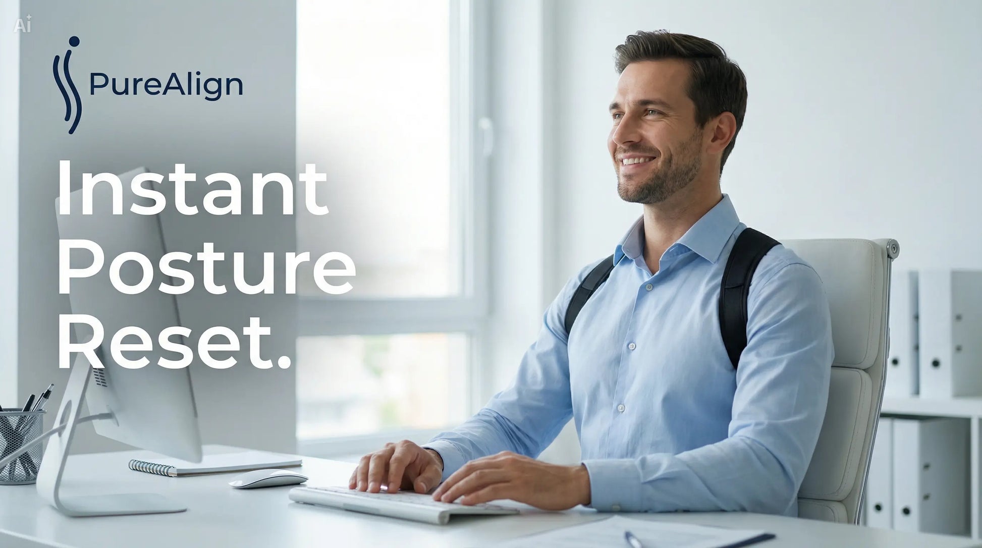 Man sitting at a desk with PureAlign logo and text about instant posture reset.
