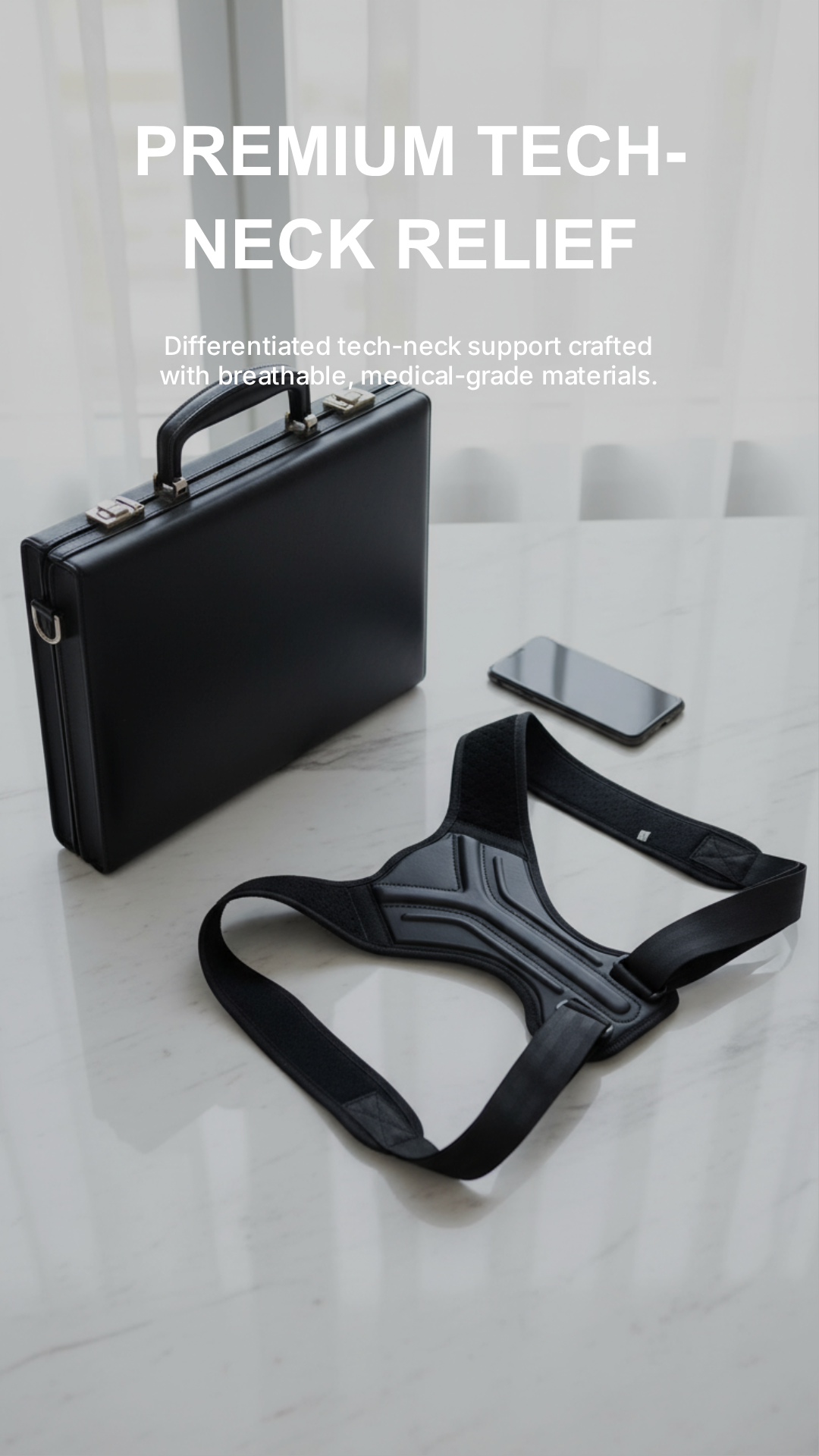 Black neck relief device with a briefcase and phone on a light surface, text about premium tech-neck relief.